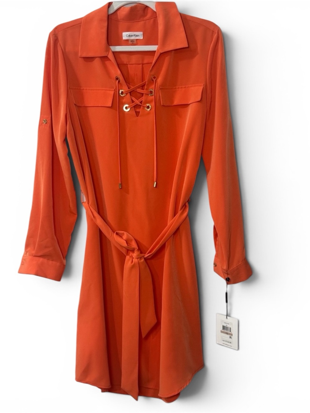 Calvin Klein Orange Long Sleeve Lace-Up Belted Shirt Dress - Size 12 - Picture 1 of 9